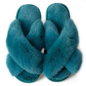 Women's Cross Band Fuzzy Slippers Fluffy Open Toe House Slippers Green US7-8 - Picture 1 of 5