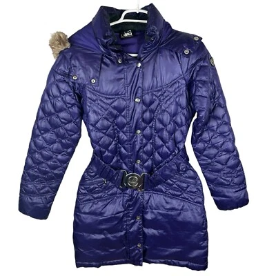 Chaqueta acolchada para mujer EA7 Emporio Armani púrpura con cinturón con capucha de piel sintética talla XS Foto 1 de 4