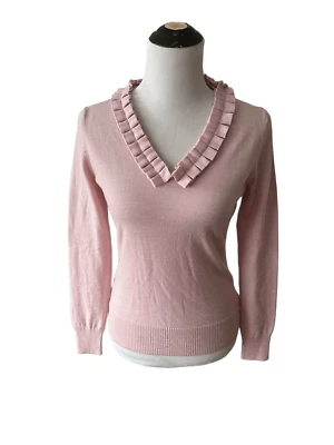 Brooks Brothers Rosa/Lavanda Lana Merino Volantes Cuello en V Jersey Suéter Talla S Foto 1 de 4