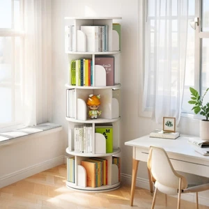 5 Tier Rotating Bookshelf, Small Space 360° Round Spinning Bookshelf, Warm White - Picture 1 of 17