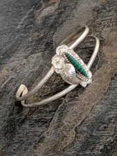 Silver Malachite Feather Cuff Bracelet 5' Vintage Zuni Navajo Sterling