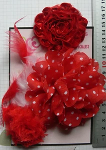 RED & WHITE + Feathers - Organza Lace Cotton - 5 Flower Mix 25-90mm NJC B1 A - Picture 1 of 3