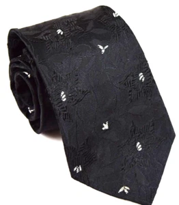 Neck Tie VTG 50s 60s Black w Ivory Embroidered Floret Brocade Tie 57.5 x 3.25" - Picture 1 of 5