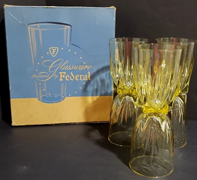 Винтажный набор из 6 федеральных стеклянных звезд янтарь желтое золото 8 унций плоский питьевые стаканы новый в коробке - Изображение 1 из 4