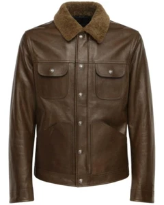 Braune glänzende Herren Lederjacke mit Lammfellkragen - Bild 1 von 6