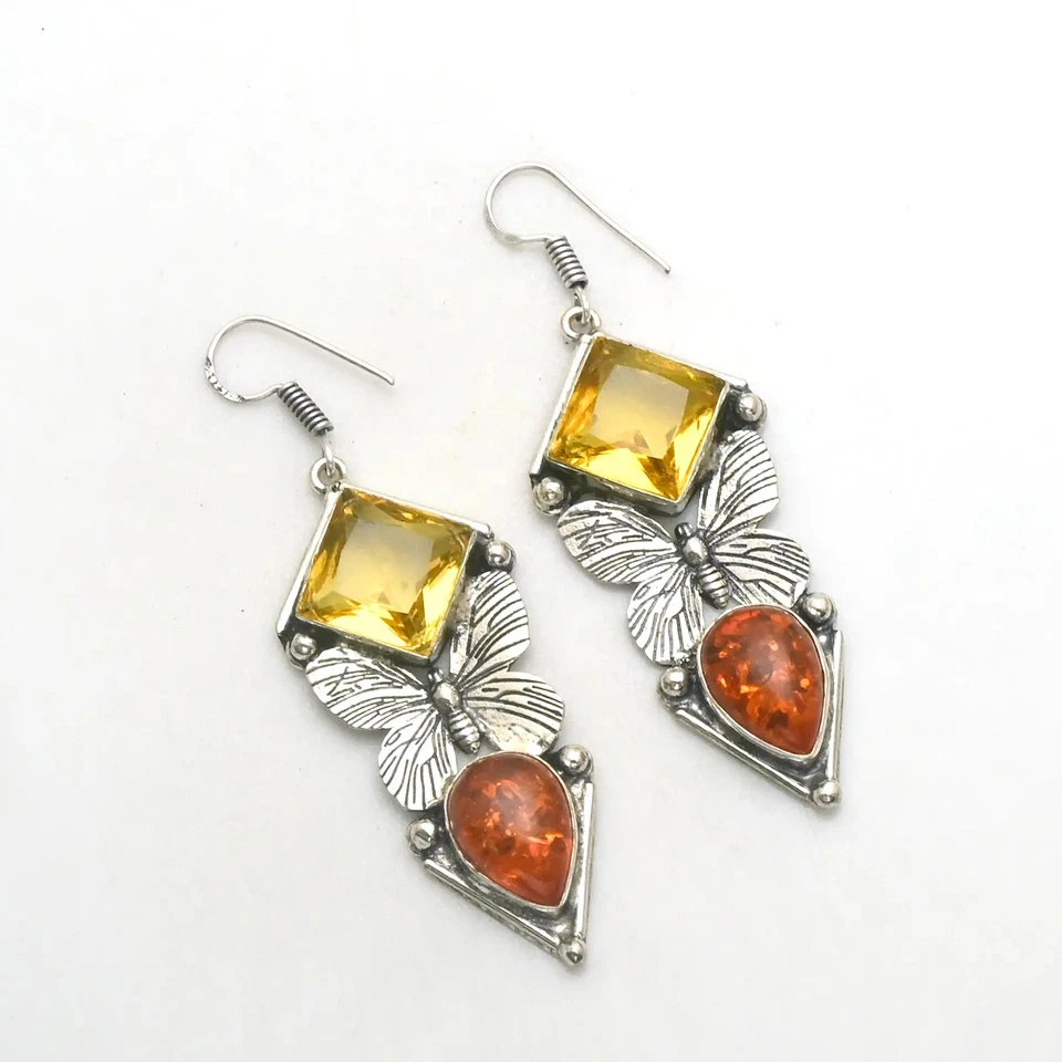 Pendientes colgantes ámbar citrino piedras preciosas hechos a mano joyería regalo 1,8" AE-94036 Foto 1 de 1