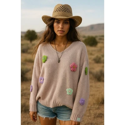 Suéter Tejido Rosa Caballete Los Angeles con Apliques Florales Talla L NUEVO Foto 1 de 4