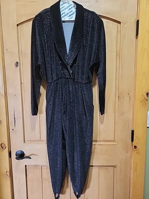 1990s Jumpsuit Black Stretchy Deep V-Neck L Stirrups Sparkly USA Tapemeasure - Image 1 of 4