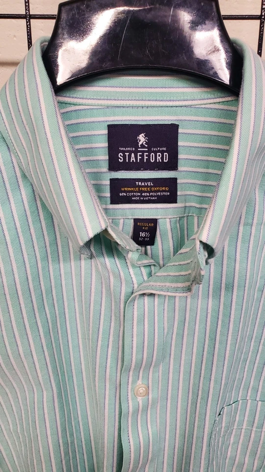Camisa de vestir Stafford para hombre 16,5 32-33 verde blanca de viaje Oxford sin arrugas COMO NUEVA Foto 1 de 3