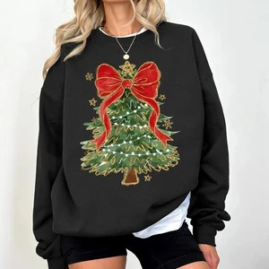 Red Bow Christmas Sweatshirt, Cute Christmas Tree Shirt for Women, Retro Holiday - Picture 1 of 6