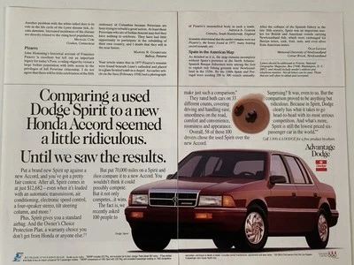 Dodge Spirit 1992 anuncio impreso de dos páginas que compara Honda Accord Ridiculous Foto 1 de 3