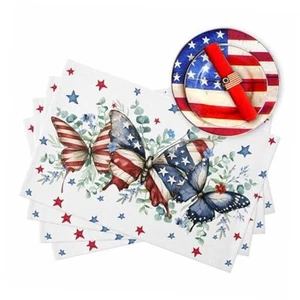 Butterfly Red Blue Stars 4th of July Placemats Set of 6 13x19 Inch Eucalyptus - Picture 1 of 8