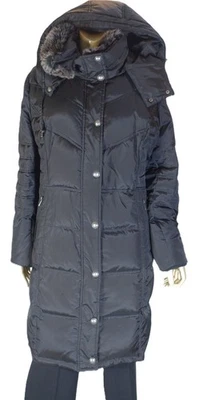 LONDON FOG~MINT!!~BLACK QUILTED DOWN HOODED COAT REMOVABLE FAUX FUR WOMEN XL - Image 1 of 4