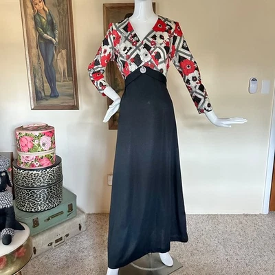 Vintage 1960s Metallic Lurex Floral Print Maxi Hostess Gown Party Dress S/M - Image 1 of 4
