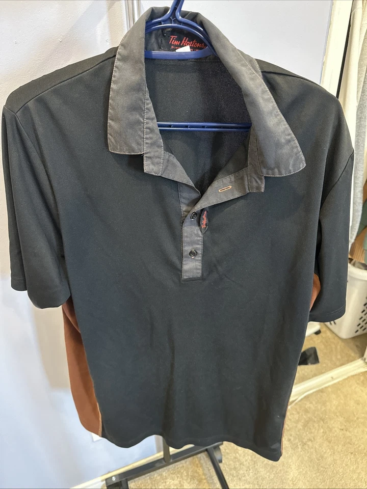 Tim Hortons Uniform Polo Shirt Men M Medium Black Brown Employee Coffee Logo - Image 1 of 4