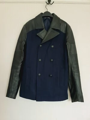 DKNY Blazer Jacket Mens Lambs Leather  Wool Tweed Navy Black Biker Brigadier S - Image 1 of 4