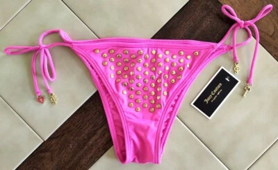 Parte inferior de bikini JUICY COUTURE dorada tachonada rosa con cuerdas de coqueteo con dijes (M) nueva con etiquetas Foto 1 de 3