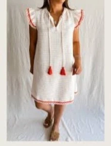 Voy Boho-Inspired Textured White & Orange Tassel Tie Dress - Size M - - Picture 1 of 7