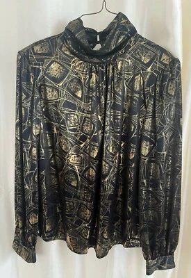 Vintage 80s Lauren Lee Black Metallic Gold Mock Neck Blouse Sz 8 Retro Glam - Image 1 of 4