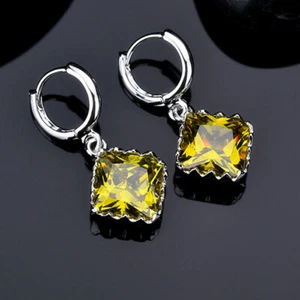 New Square Cut Green Peridot Gems Jewelry Gifts Silver Women Dangle Earrings - Picture 1 of 6