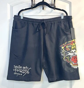 Y2K Ed Hardy Tiger Dagger Fleece Shorts XL Tattoo Spellout Biker Art EHM 8100-9 - Picture 1 of 13