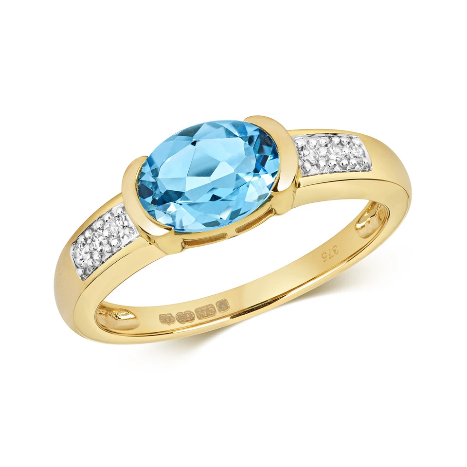 Bague Solitaire Femme Or Jaune 9 k/carat et Diamant 0.06 Carat avec Topaze Bleu - Photo 1/1