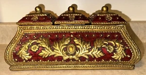 Decorative 3 Section Lidded Trinket Holder Box Red & Gold Resin - Picture 1 of 10