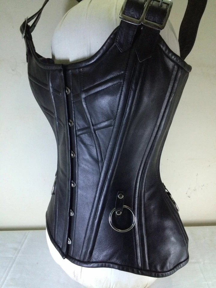 Heavy Duty Front Busk Double Steel Boned Waist Trainer Cow hide Leather Corset - Image 1 of 4