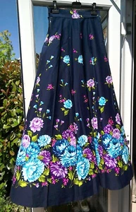 Vintage 1970's Navy Bright Floral Print Long Maxi Shirt with flare - 24 " waist - Picture 1 of 12