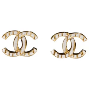 Chanel 23C Gold White Interlocking CC Logo Classic Drop Statement Stud Earring - Picture 1 of 7
