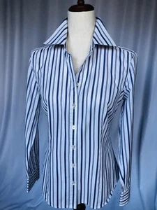 ANN TAYLOR Womens Cotton Shaped Shirt Purple/White Stripe, size 10 - Picture 1 of 7