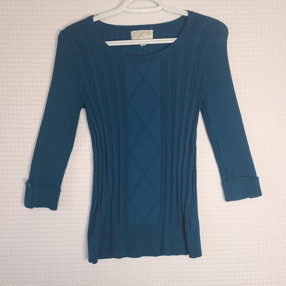 Debbie Morgan Womens Size Medium 3/4 Sleeve Fitted Knit Shirt Blue/Teal - Image 1 of 4