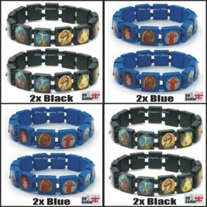 4x BLACK 4x BLUE Wooden Elasticated Saints Bracelet Jesus Wristband Religious VG - Picture 1 of 1