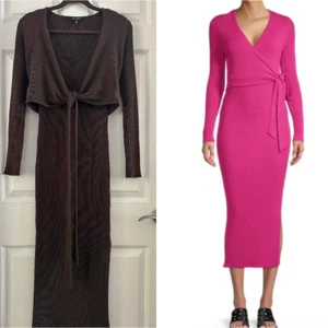 Toccin NY Brown Caroline Wrap Midi Dress Ribbed Wool Blend Women's Size Small - Picture 1 of 14