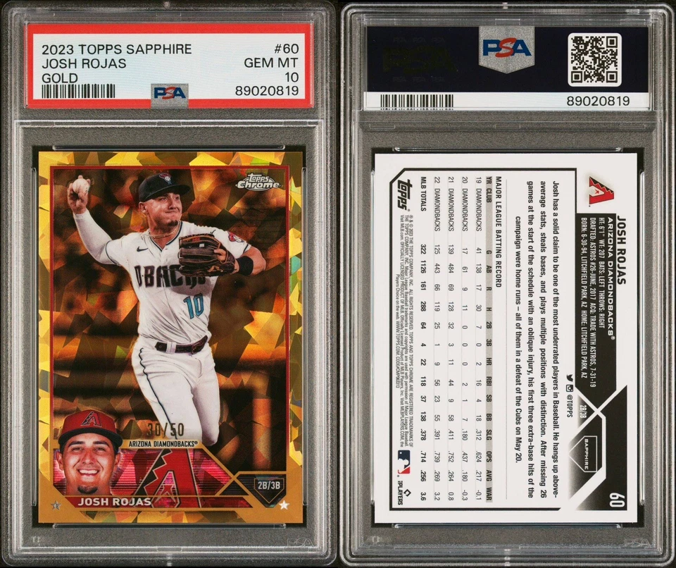2023 Topps Chrome Sapphire Josh Rojas Arizona Diamondbacks Gold /50 PSA 10 - Image 1 of 2