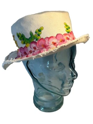 Gecko Maui женщин M.Bucket шляпа с расписной плюмерии, винтажный с белого холста - Изображение 1 из 4