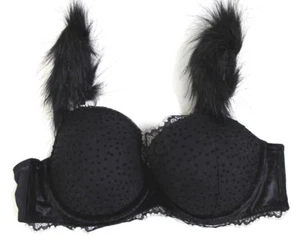 Victoria's Secret Black Lace Velvet Faux Fur Plunge Demi Bra Size 34DD Black - Picture 1 of 6