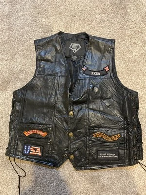 Biker Vest Mens L Buffalo Leather Diamond Plate Live to Ride Motorcycle Patches - Изображение 1 из 4