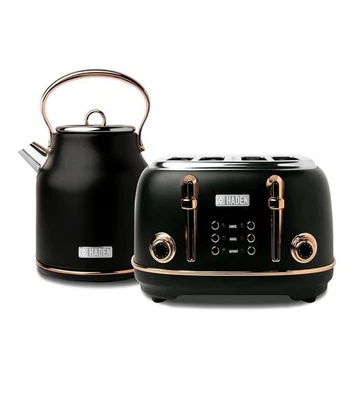 Haden Heritage 4 Slice Wide Slot Toaster & Electric Kettle, Black & Copper - Image 1 of 4