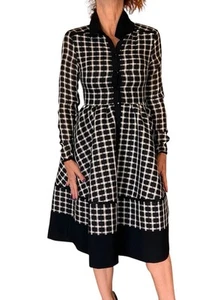 VESTIDO MAJE NEGRO A CUADROS MANGA LARGA CUELLO CALCE Y ACAMPANADO TALLA XS 0 2 ALTERADO - Imagen 1 de 17