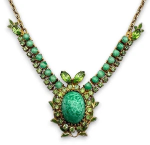 Vintage Green Czech Peking Glass Rhinestones Princess Necklace Cabochons - Picture 1 of 8