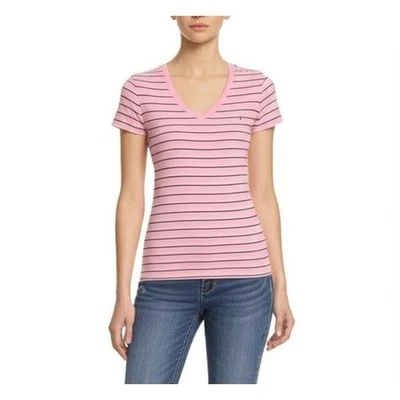 Tommy Hilfiger Camiseta Favorita Para Mujer Nueva Sin Etiquetas Rayas Cuello en V en Rosa-Talla Pequeña Foto 1 de 4
