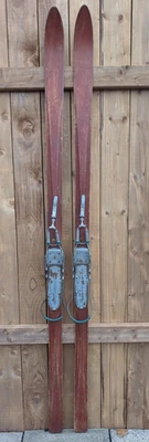 Vintage Antique Wooden  Snow Skis 80" Long with Metal Cables Bindings - Image 1 of 4