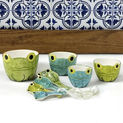 Pier 1 Imports Nesting Frog Measuring Cups & Spoons Hand Painted Stoneware Set - Image 1 of 4