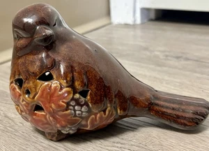 Vintage Glazed Pottery Bird Figurine Brown With Colored Autumn Leaves Hull USA - Picture 1 of 9