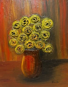 Vintage Yellow Flowers Art Impasto Oil Painting Still Life by Priscilla 20 X 16” - Picture 1 of 6