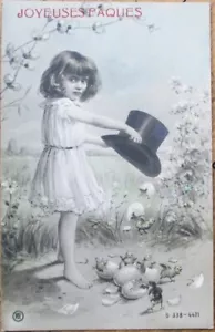 Pasqua 1905 Realphoto Cartolina Fantasia Francese, Ragazza e Pulcini da Cova Rppc - Foto 1 di 1