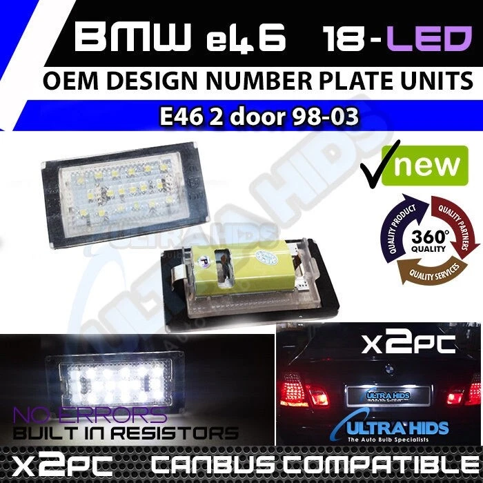 *x 2pc BMW E46 2DR 98-03 18 SMD NUMBER PLATE UNIT  CANBUS ERROR FREE PURE WHITE - Image 1 of 1