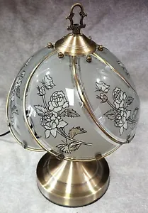 3 Way Touch Lamp Glass Panels Brass Tone Base Silver Floral Tested Works - Picture 1 of 7