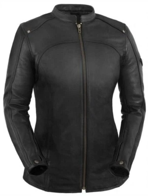 Chaqueta de cuero para motocicleta True Element para mujer de mayor longitud con cuello de scooter (negro Foto 1 de 4